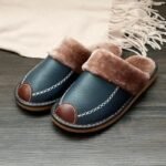 chaussons en cuir fendu avec revetement caoutchouc confortable bleu 742