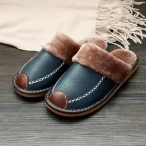 chaussons en cuir fendu avec revetement caoutchouc confortable bleu 742