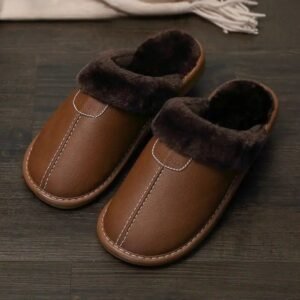 chaussons en cuir fendu confortables avec revetement caoutchouc brun 117